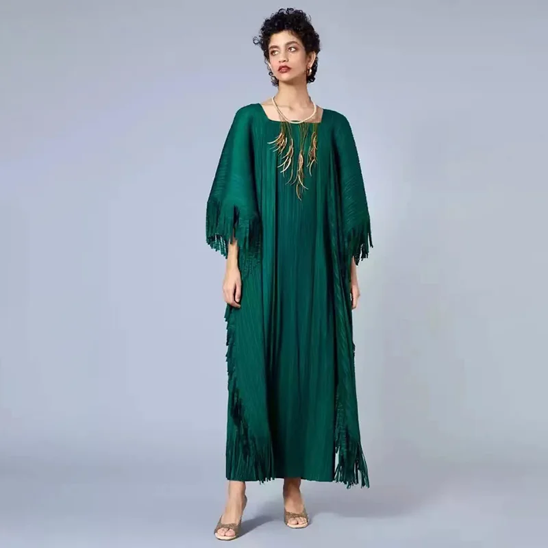 

Miyake Pleated Tassel Plus Size 2024 Spring Designer Dress High Fashion Square Collar Indie Vintage Abayas Muslim Clothes