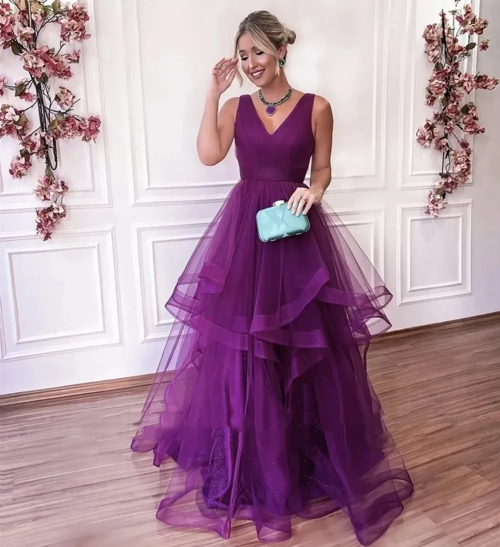 Nuovi Ruffles Tulle Abiti da sera Scollo a V Lace Up A-line Donne personalizzate Abiti da ballo di fine anno Abiti Fiesta Robe De Soiree 2025