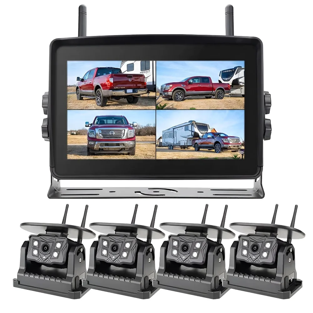 7 Inch BSD Blind Spot Alarm Solar Wireless Backup Camera Touch Screen DVR Rear View Cam 1080P for Truck Bus RV Trailer Camper
