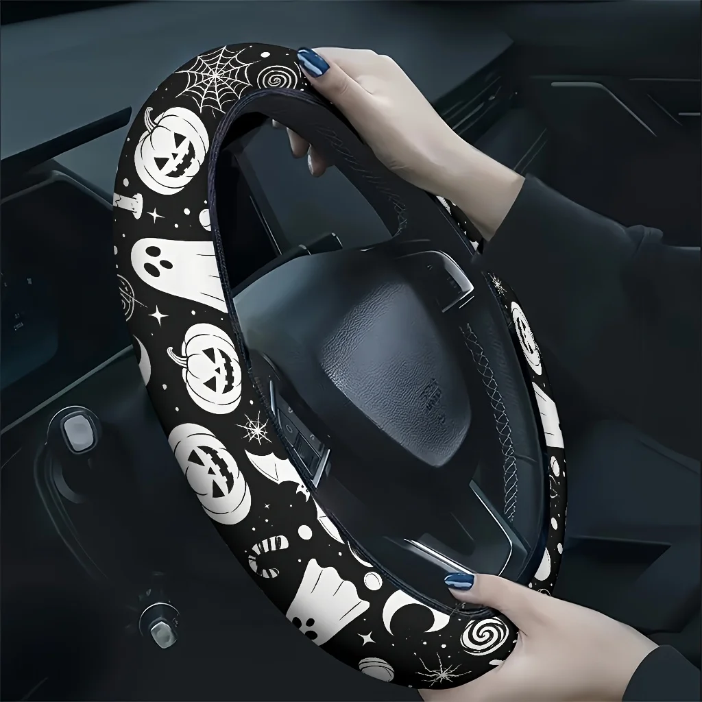 1pc Halloween Pumpkin Ghost Candy Party Car Steering Wheel Cover, Soft And Breathable Texture, Relieves Hand Fatigue