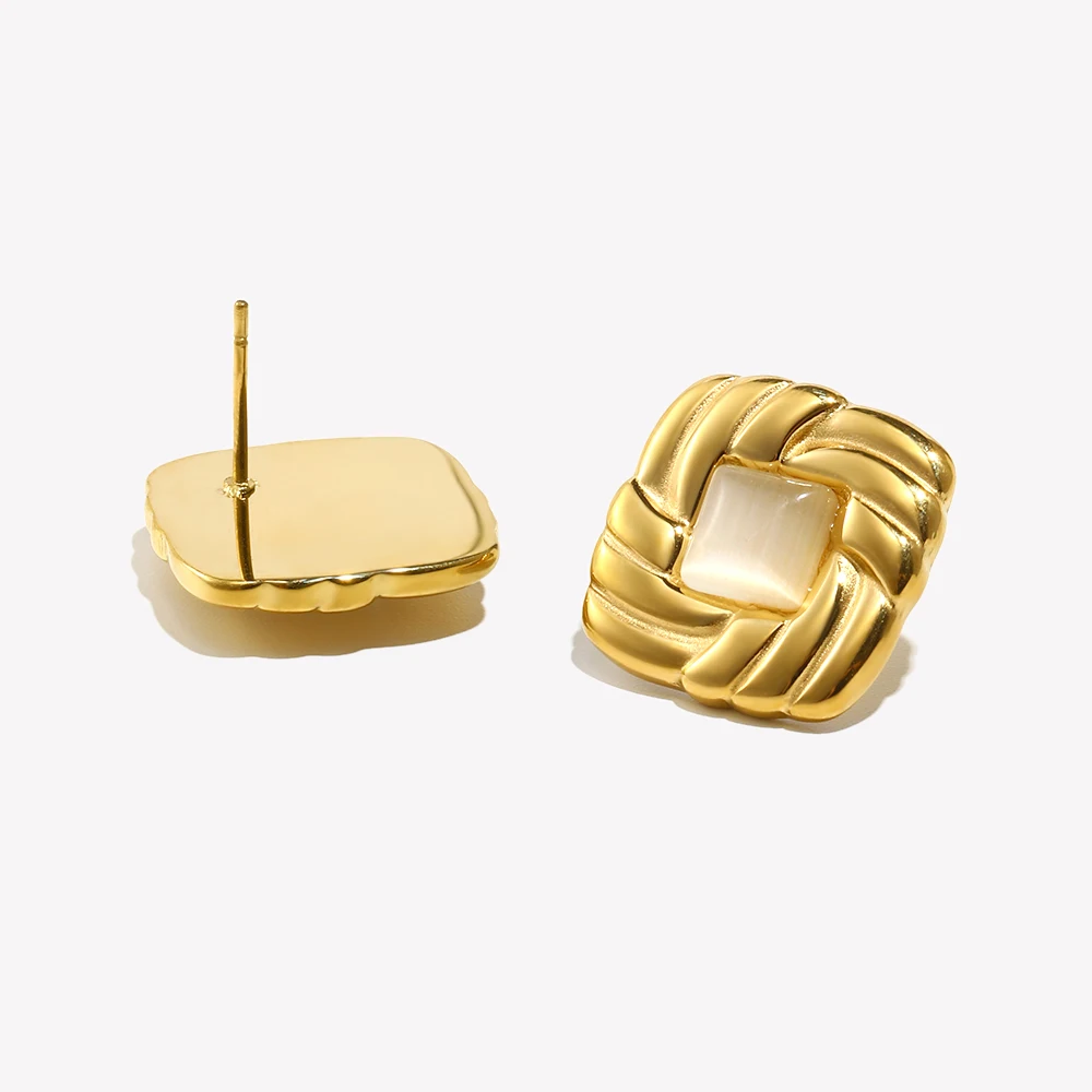 E.B.belle New Vintage Style Square Cat Eye Stone Stud Earring 18K Gold Plated Stainless Steel Fashion Women Chic Jewelry
