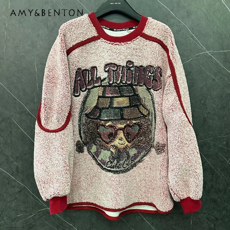 

2024 Autumn And Winter New Heavy Industry Cartoon Spray-painted Girl Lamb Wool Crew Neck Sweatshirt Women's Loose Fashion Hoodie