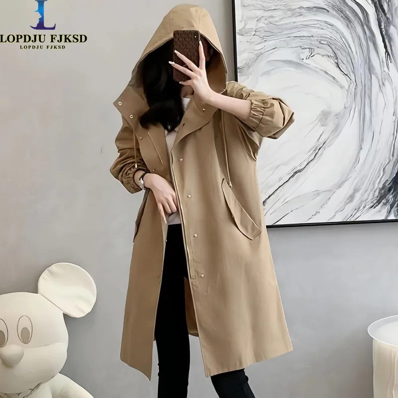 

Women's Loose Hooded Trench Coats, Korean, Windbreaker, Adjustable Waist Jacket, Female Clothing Tops, Autumn, Winter, N