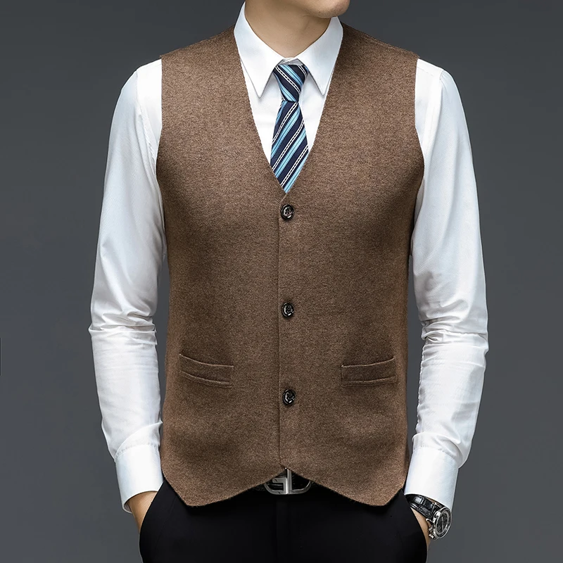 

Men Waistcoat Autumn Solid Color Knit Vest Office Casual V-Neck Suit Vest Male Single Breasted Slim Fit Sleeveless Sweaters