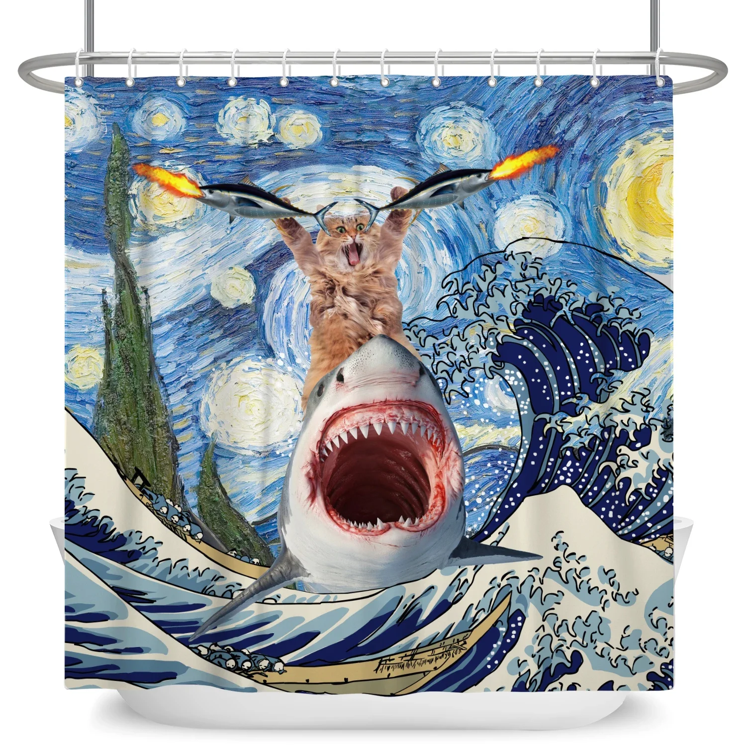 Funny Cat Shower Curtains Sea Waves Sharks Birds Fun Animals Ocean Landscape Fabric Bathroom Decor Children Bath Curtain Sets
