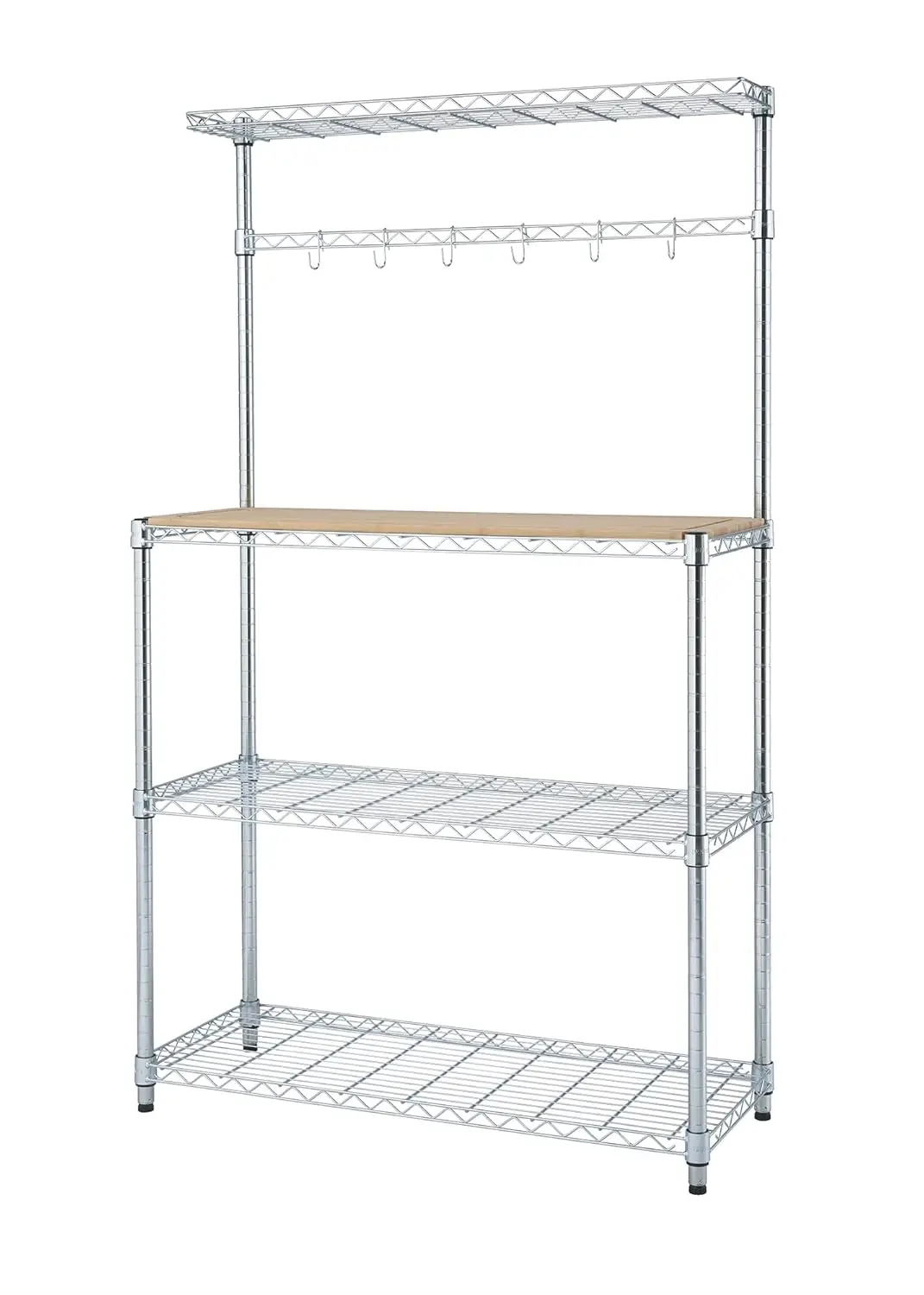 

EcoStorage Bakers Rack and Pantry Organizer with 3 Shelves, Removable Bamboo Work Surface, and Hooks for Kitchen Organization an