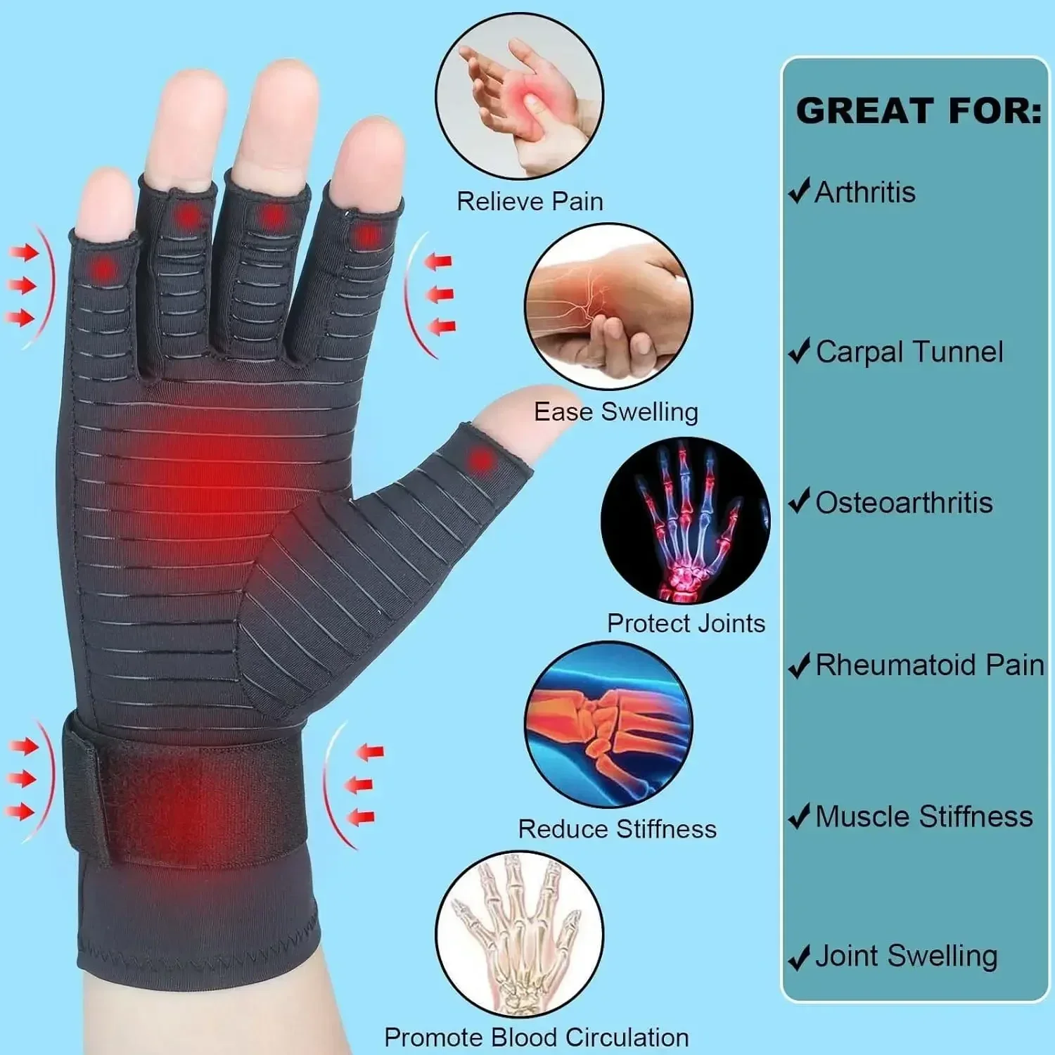 Copper Infused Arthritis Gloves Fingerless Compression Gloves for Hand Pain Carpal Tunnel Rheumatoid Tendonitis Muscle Unisex view 5