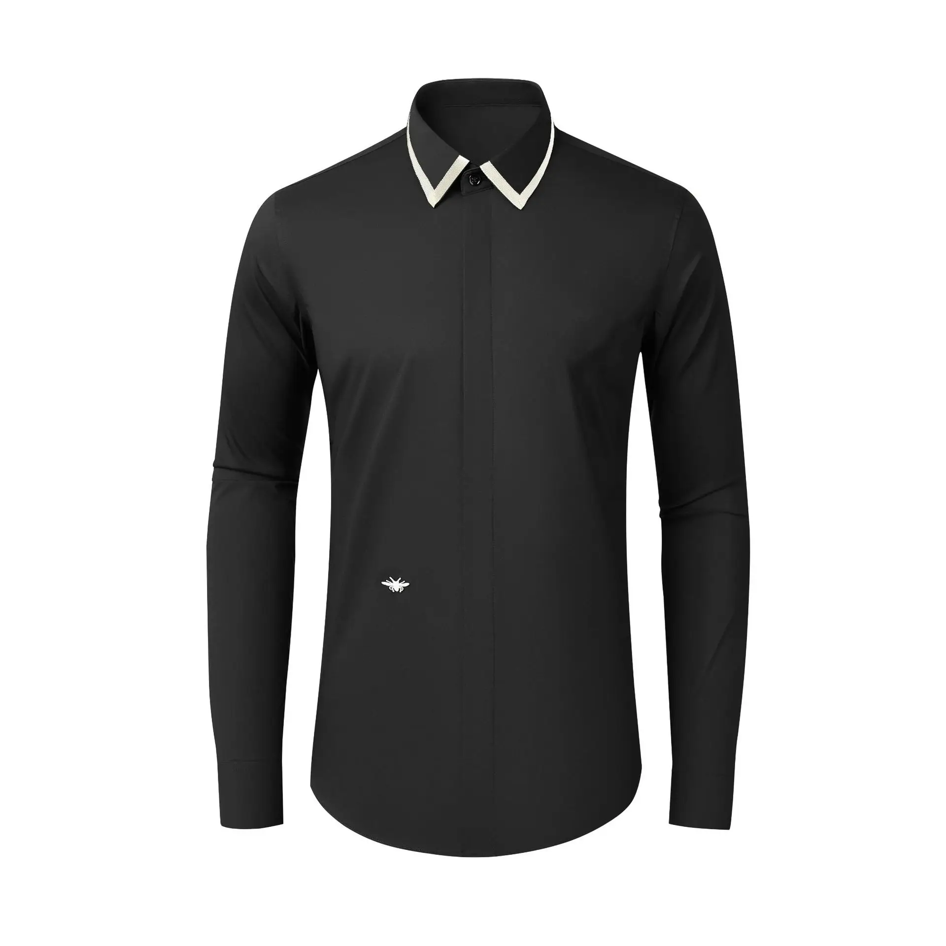 New men's shirt with long sleeved collar, woven ribbon, contrasting color, cotton elastic high-end top
