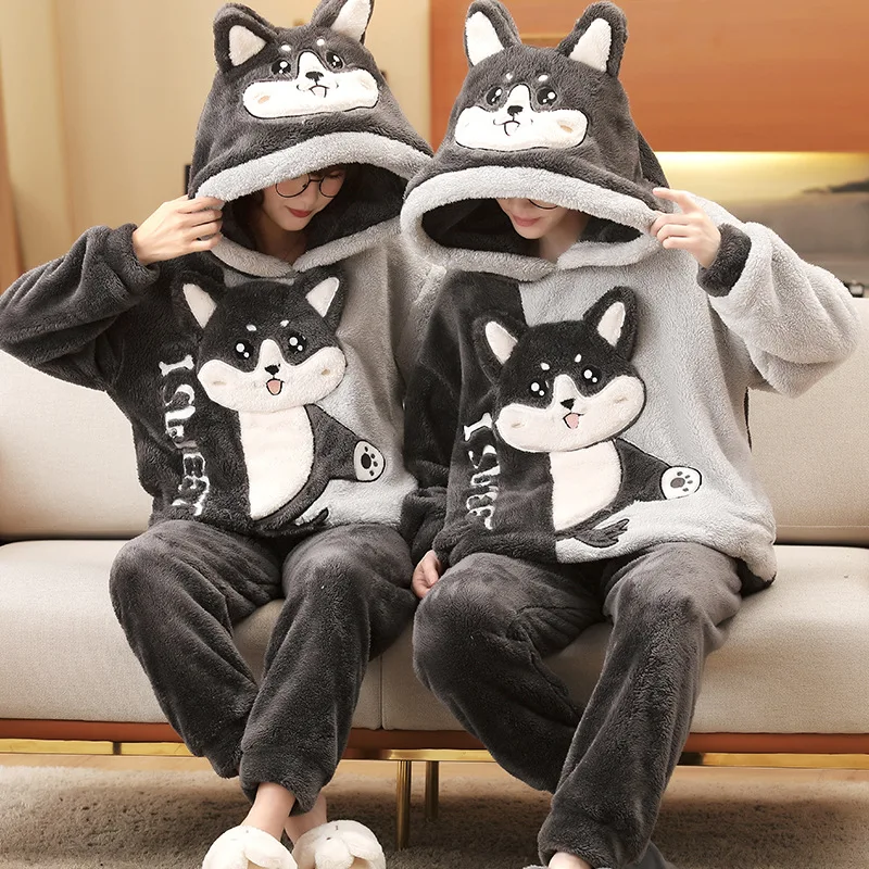 

Couple Pajamas Set Women Men Winter Thicken Hoodies Pyjamas Sleepwear Plush Cartoon Cat Korean Loose Boys Girls Leisure