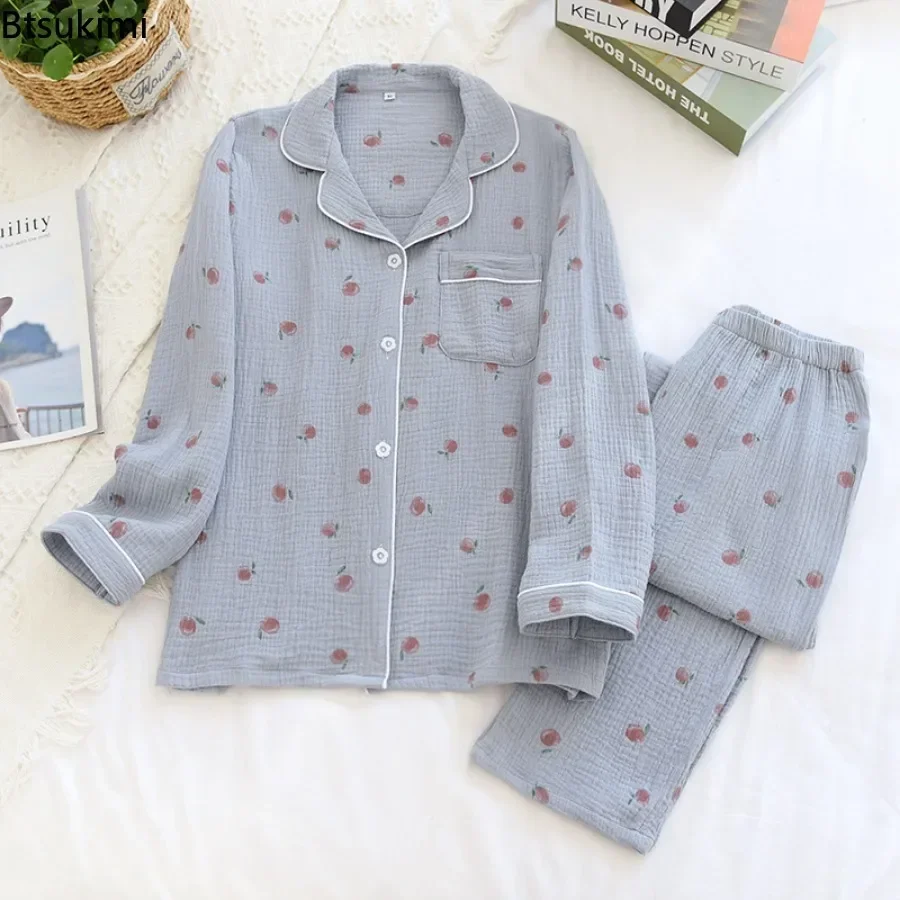 Ladies' Casual Pajama Sets 2PCS 100% Cotton Strawberry Printed Pyjamas Women Turn-down Collar Loose Sleepwear Outwear Sets 2025