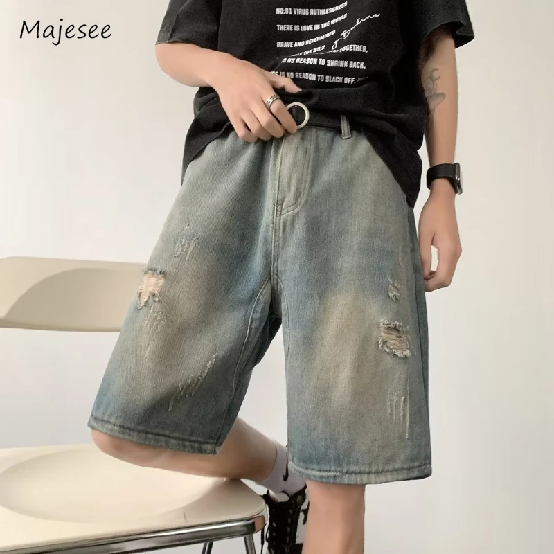 Shorts Men Summer American Style Hole Scratched Vintage Washed Denim Trousers Harajuku Handsome College All-match Knee Length