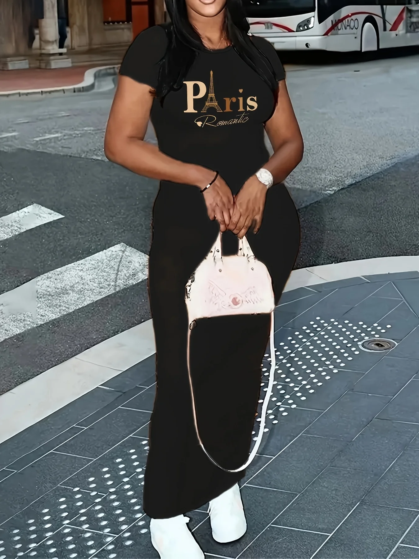 여름 여성 슬림핏 탄성 흑백 라운드 넥 반팔 티셔츠 드레스 롱 드레스 여성 의류