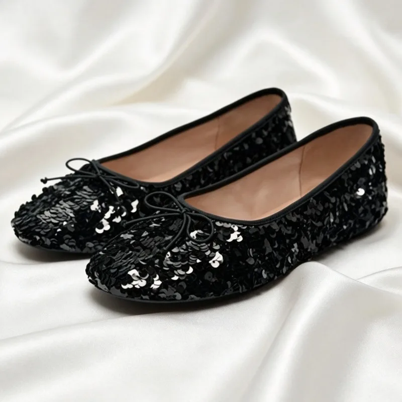 Shiny Sequin Design Ballet Flats Women Cute Bow Detail Round Toe Mary Jane Shoes Summer Light Soft-soled Comfortable Women Shoes