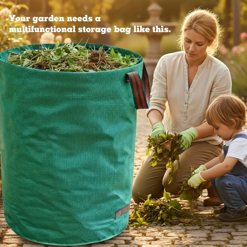 60L Large Reusable Garden Waste Bag UV Resistant Waterproof PP Leaf Bag With Handles For Yard Leaves Weeds Gardening Debris Coll