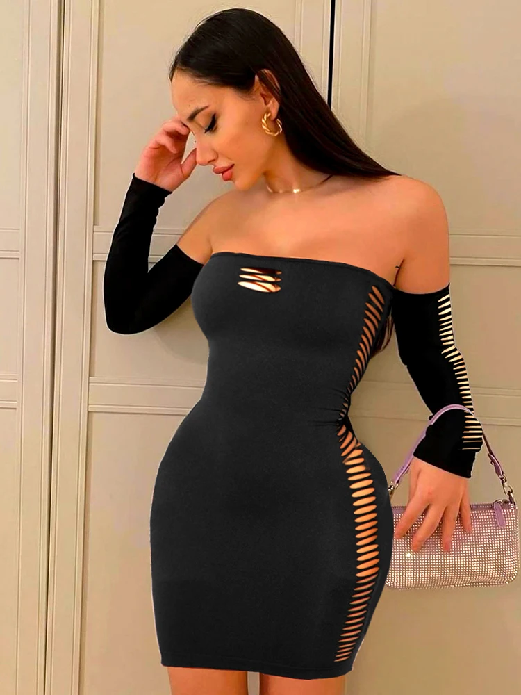 

Bolopi Hollow Out Slash Neck Sexy Mini Dress 2023 Autumn Winter Y2K Outfits Club Party Streetwear Stretchy Female Clotihng