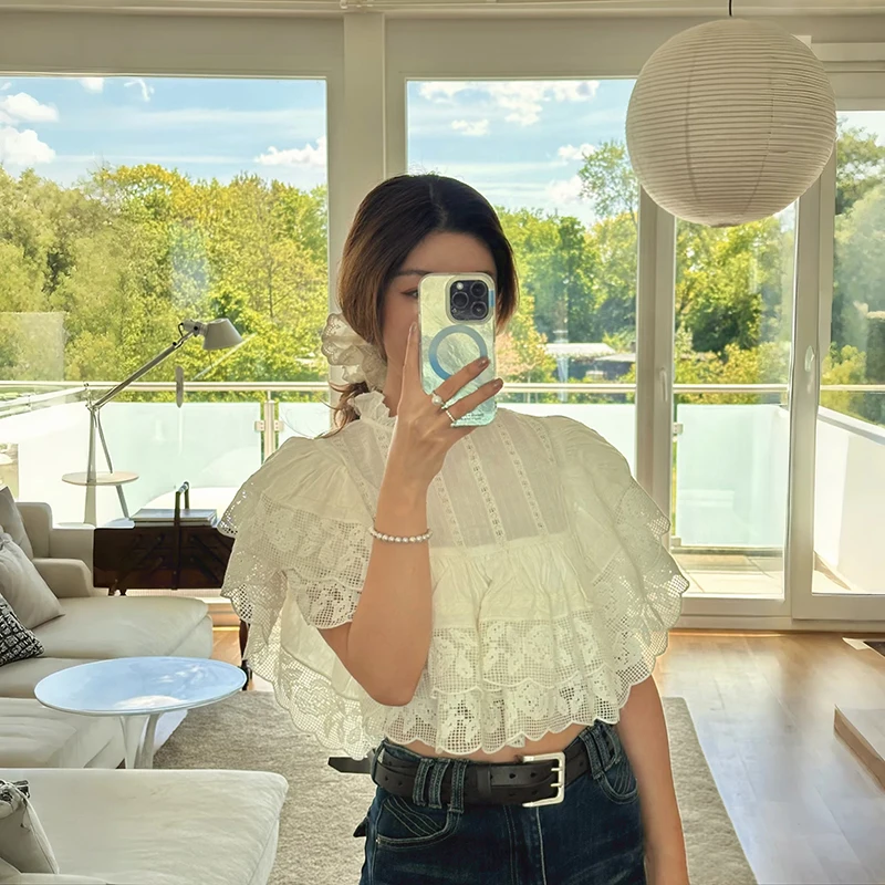 

White Short Crop Top Princess Style Fly Sleeve Lace Shirt Women's Summer New Fashion Gentle Style Cotton Material Stand Collar