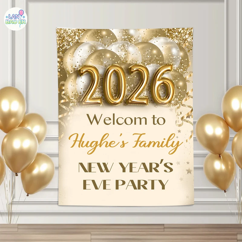 

2026 Happy New Year Banner Backdrop Gold New Years Eve Photography Background for NYE Decorations Custom Family Name Party