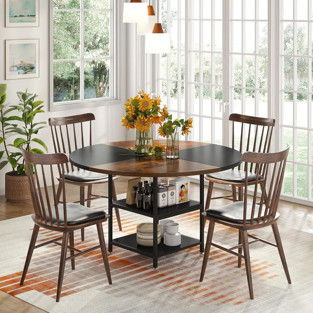 

47 inch round dining table for 4 people, with storage rack and metal legs (table only), black country brown