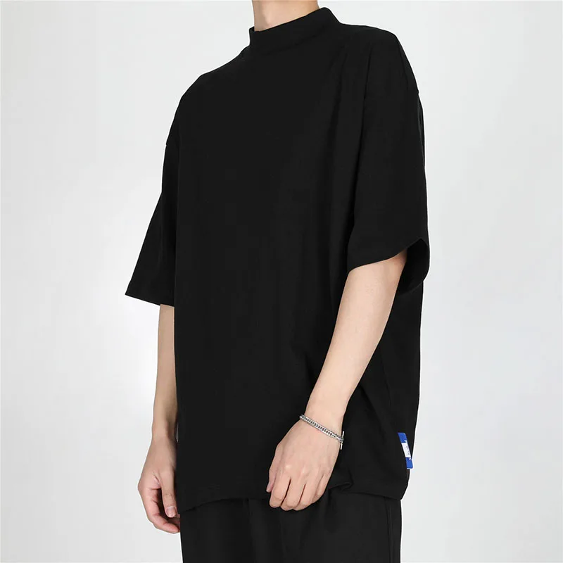 Black Solid Color Men Clothing  Design Half Turtleneck Short Sleeve T-Shirt Summer Loose Round Neck Top