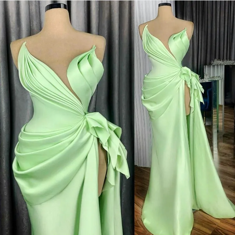 

Mint Green Pleated Prom Dress with High Edge Split Evening Dress Sexy Formal Party Cocktail Party Dress Customized in Large Size