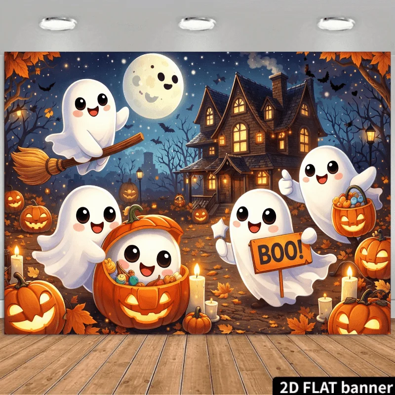 2D Flat Halloween Backdrop White Moon Theme With Two White Ghosts Orange Scarf Jack‑o‑lantern Colorful Candies Pattern Photo Bac