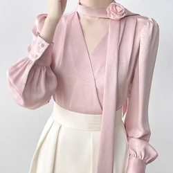 Temperament Satin Long Sleeve Blouse Blouse Autumn 2024 New Fashion Solid Color V-neck Fashionable Fashionable Elegant Top Tee
