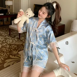 Chinese Classic Flower Print Knot Lace Women's Pajamas Ancient Style Elegant Female Nightwear 2024 New Summer Y2k Home Sleepwear