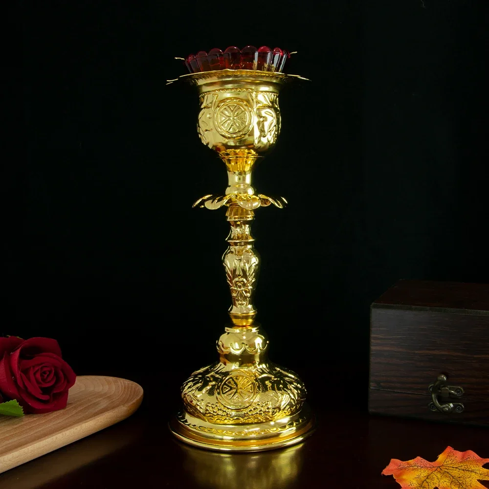 

Orthodox Church Ritual Vigil Lamp Supplier High Candle Holder Gold Plated Candlestick With Oil Glass Cup Religion