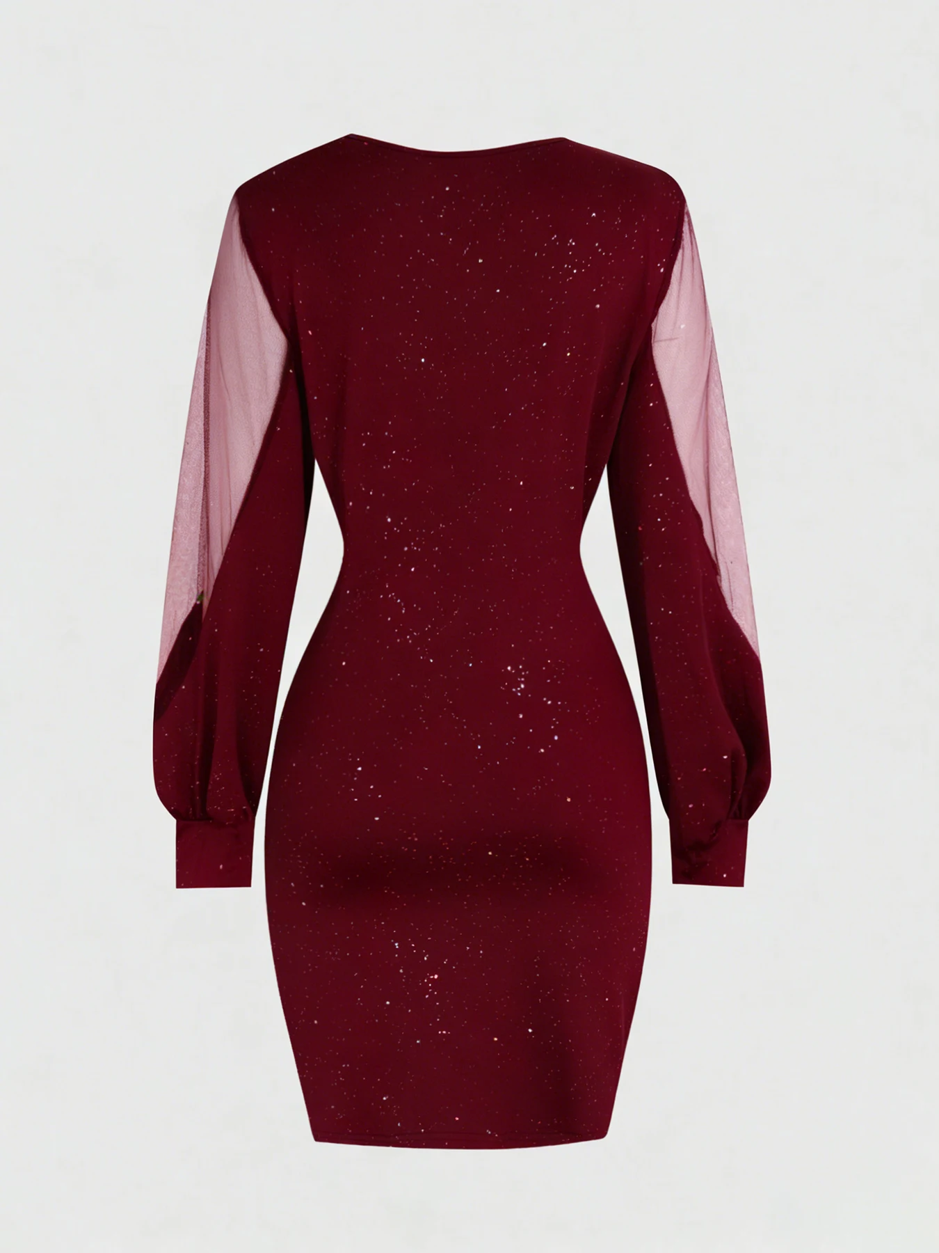 Glamouröses Burgunderrotes V-Ausschnitt Pailletten-Bodycon-Kleid - Langes Kleid mit Transparenten Netzärmeln und Geraffter Taille, für Abendpartys, Clubbesuche und Dates – Detail 8