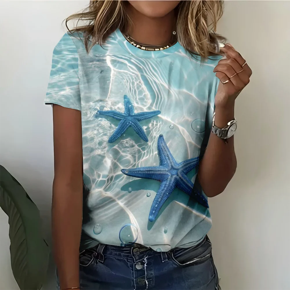 

Лето 2025 г., новая креативная забавная футболка с принтом морской звезды, свободная повседневная футболка с круглым вырезом и коротким рукавом, бутиковая мужская и женская мода