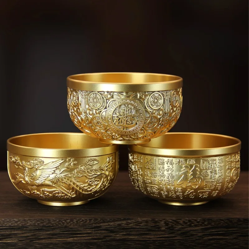 Pure Copper Water Cup for Offering Buddha, Water Bowl Decorated with The Eight Blessings of Tantric Buddhism, Buddhist Supplies