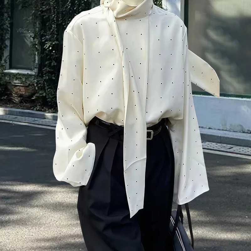 

Атласная блузка с принтом в горошек, женская, с длинным рукавом, свободного кроя, базовая, осенняя, новая модная модель для повседневной носки в стиле Highstreet