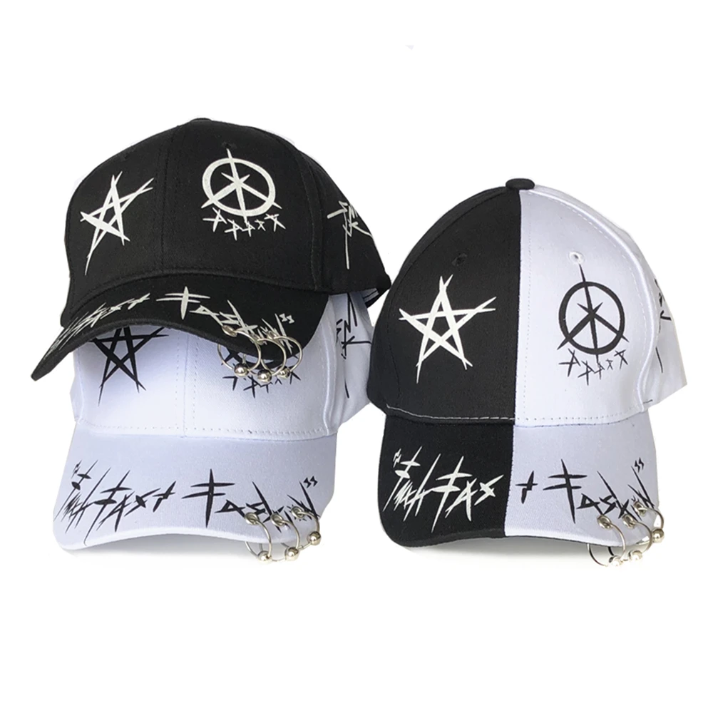 New Black and White Graffiti Baseball Cap Color-Blocking Personality Men and Women Iron Ring Tide Hip-Hop Peaked Hat