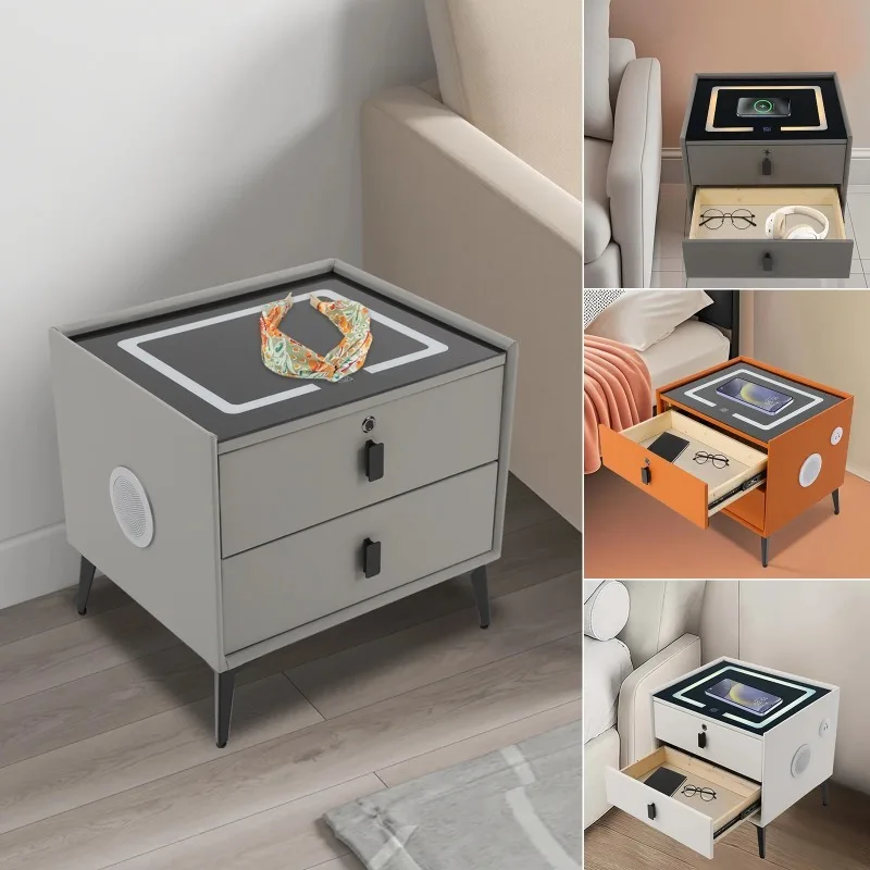 Modern Rectangular Bedside Table with Drawers Bluetooth Speaker Smart Bedside Table Bedside Table with Light USB& Wireless Charg