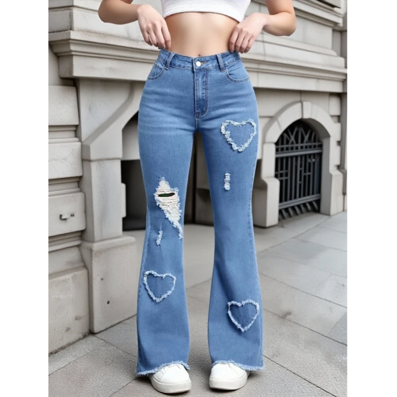 Women Mid Waist Stretch Heart Jeans Cross Border Hot Selling Denim Pants