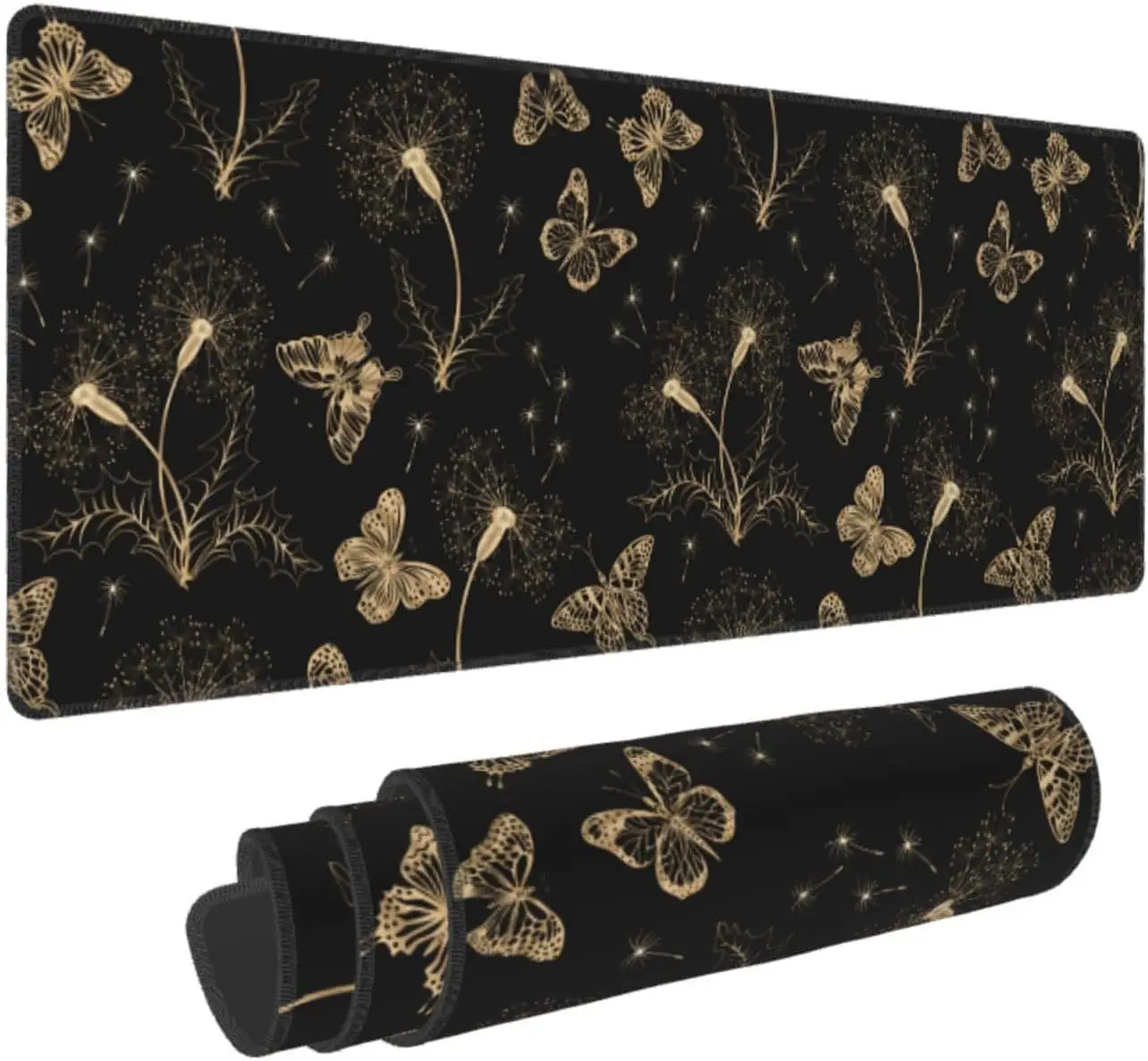 Gold Color Butterflies Dandelions Large Mous Pad Anti-slip gaming desk mat with stitched edges suitable for office and home use