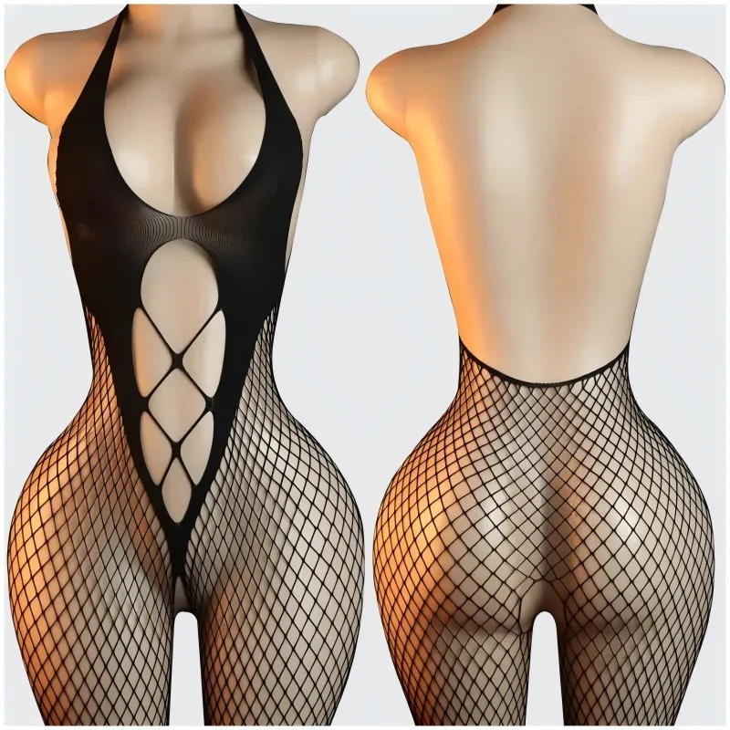 Black Teddy Tights Sexy Lingerie Women Mesh Transparent Body Stockings Erotic Open Crotch Pantyhose Halter Backless Long Tights