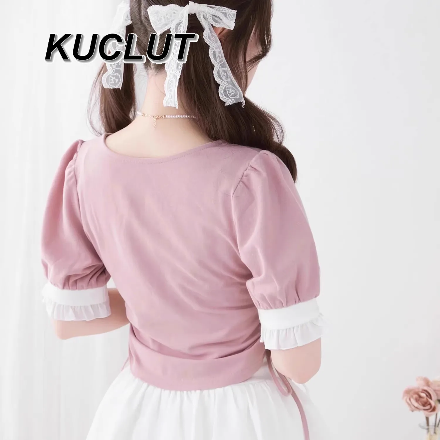 Sweet and Cute Short Sleeve T-Shirt Solid Color Splicing Square Neck Short Top Drawstring Skinny Casual Tees for Women Summer