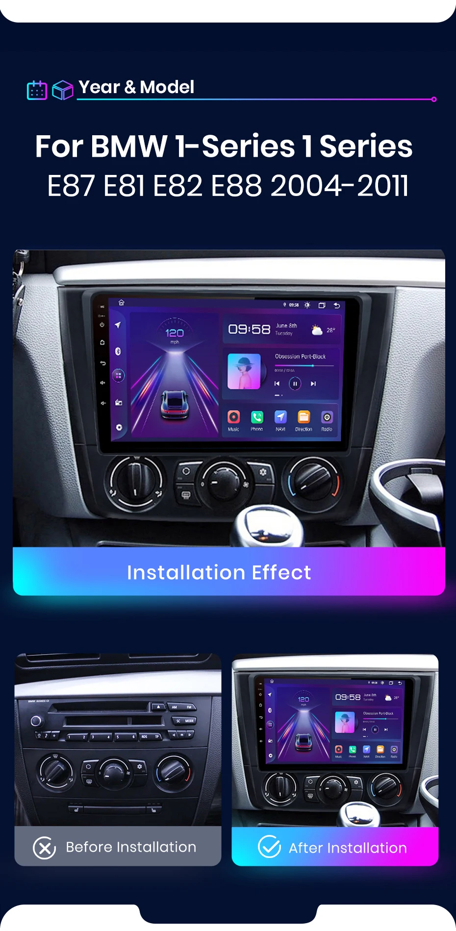 Junsun carplay android auto autoradio für bmw 1er 1er Serie e87 e81 e82 e88 2011-2015 gps intelligente systeme stereo – Detail 6