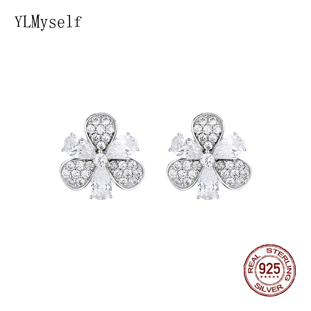 

Real 925 Silver Metal Stud Earrings Pretty Leaf design Pave Shiny Cubic Zircon Cute Fine Jewelry Gift For Girlfriend