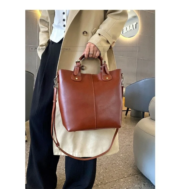 Sac à main en cuir de vachette souple pour femme, panier tout assressenti, sac seau, grande capacité, tannage végétal, sac à bandoulière