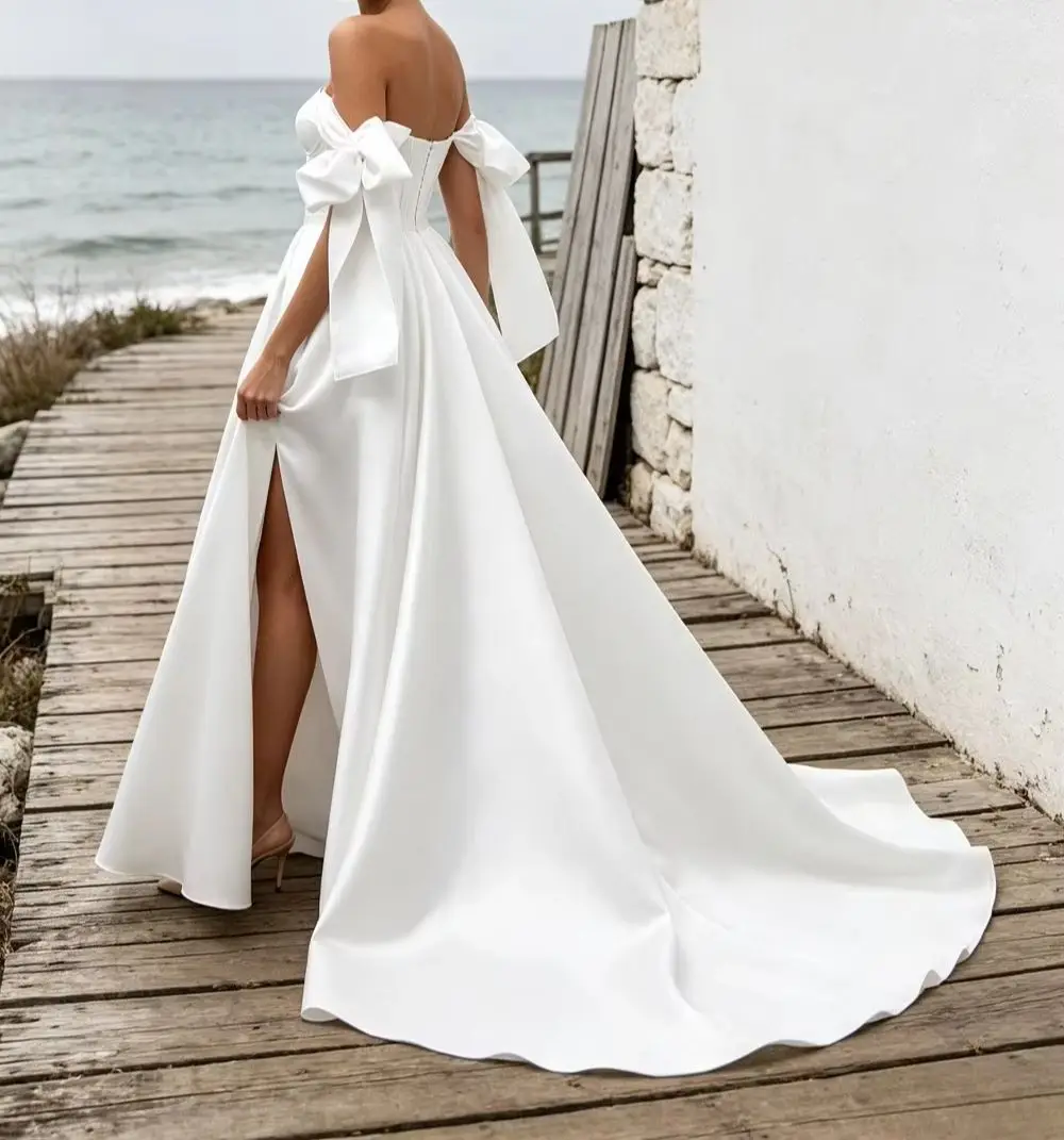 Customized Satin Off Shoulder Strapless Butterfly Sleeve Wedding Dress 2026 High Waisted A-line Bridal Gown Suitable for Gardens