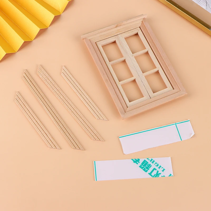 1 conjunto 1:12 casa de bonecas em miniatura sem pintura moldura da janela 6 painéis de janela móveis modelo decoração brinquedo casa boneca acessórios