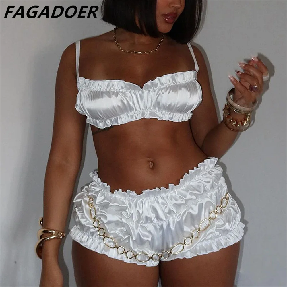 FAGADOER White Sexy Pleat Women Outfits Sets 2024 Fashion Sexy Suspender Tube Top and Ruched Shorts Matching Set