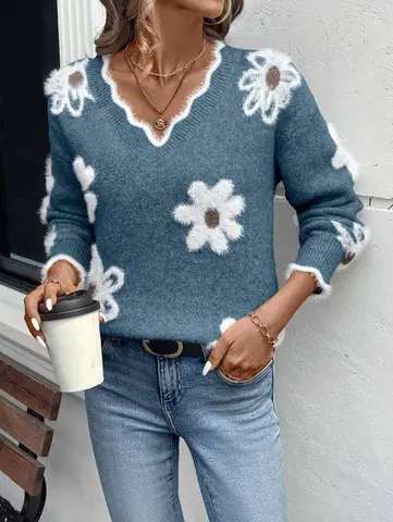 Джерси Invierno Mujer Damen Kleidung, осень-зима, универсальный свободный свитер, женский вязаный жаккардовый пуловер с v-образным вырезом и цветочным узором