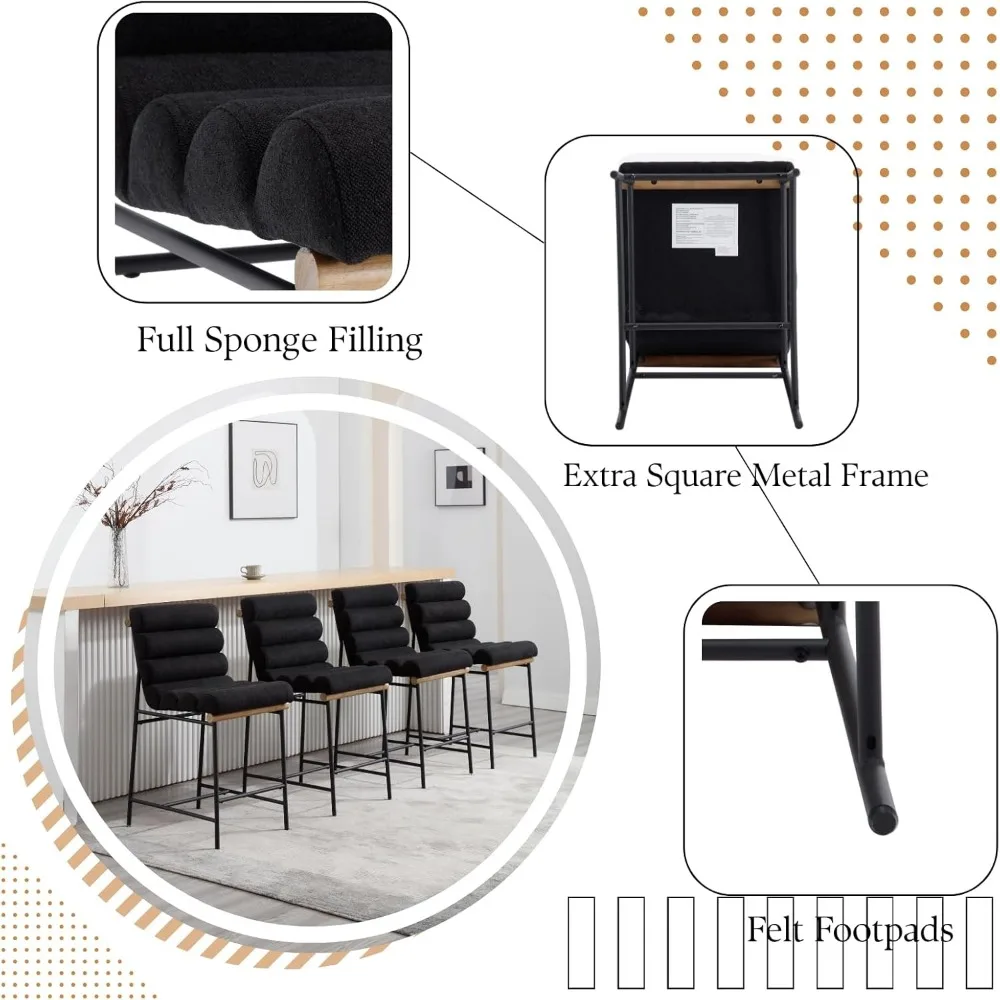 블랙 린넨 바 스툴, 25인치 모던한 스타일의 블랙 메탈 다리가 있는 팔걸이 없는 카운터 높이 의자