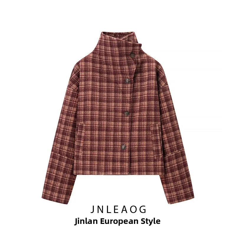 

JNLEAOG Faionable Plaid Woolen Coat for Women Autumn New Sle Street Sle Long Sve Polyester Fiber Versatile Outerwear