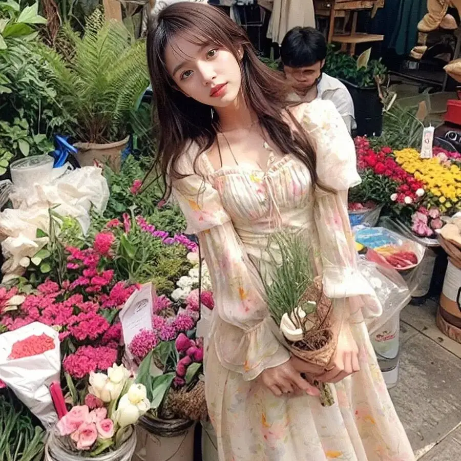 

Korea Gentle Romantic French Style Square Collar Long-Sleeved Floral Dress Women Spring Summer New Pure Sweet Design Niche Skirt