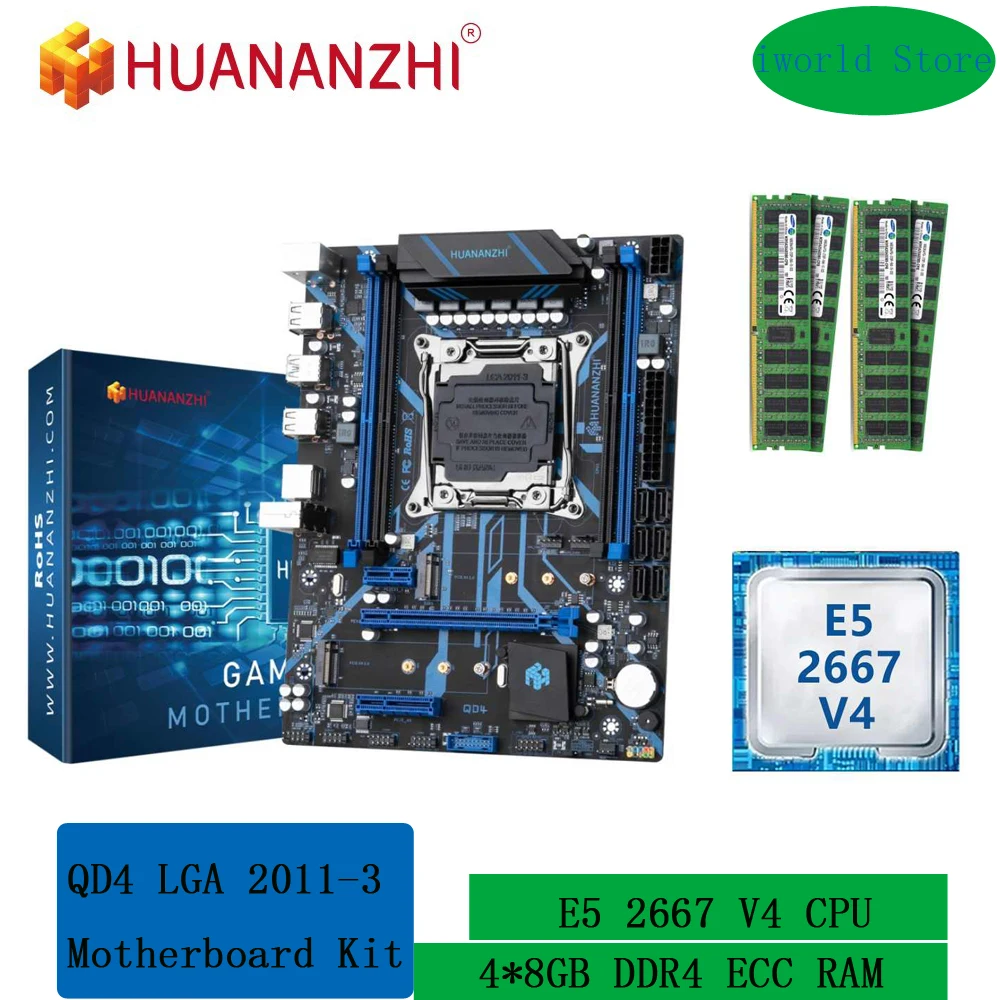 HUANANZHI QD4 LGA 2011-3 Motherboard Kit with Intel XEON E5 2667 V4 and 4*8G DDR4 RECC Memory Combo Set M.2 NVME NGFF SATA USB