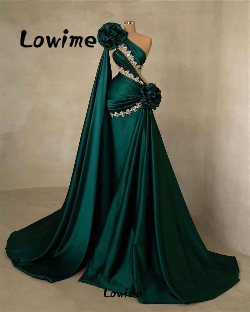 

Eleagnt Green Satin Prom Dresses Cape Sleeve Handmade Flower One Shoulder Mermaid Party Gowns Long Crystals Evening Dress Robes